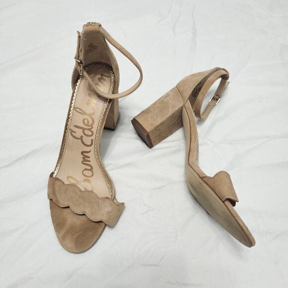 Sam Edelman Women's Odila Scalloped Ankle Strap Sandal Block Heel, Tan, Size 8.5 - Picture 1 of 6